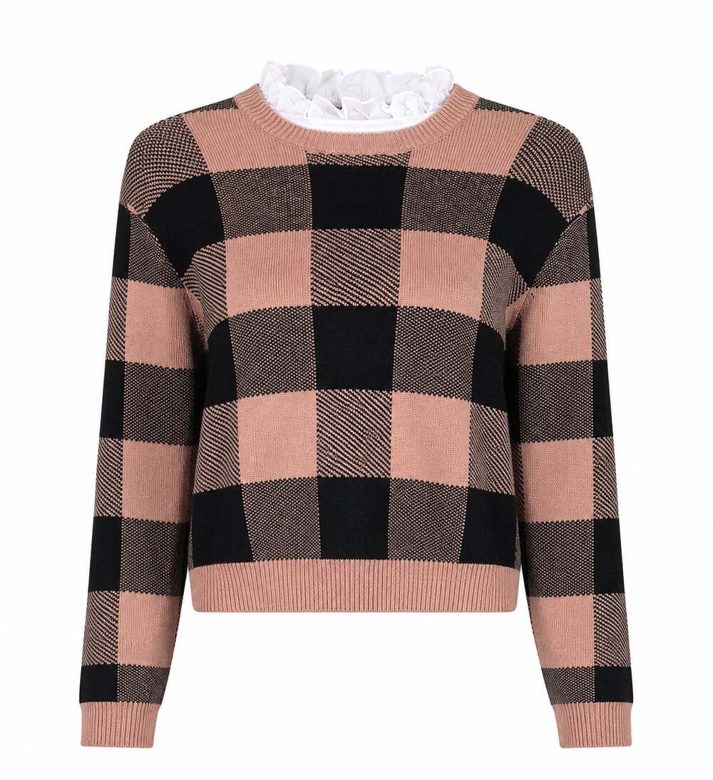 English Factory Plaid Knit Pullover Sweater with Ruffle Collar Size S